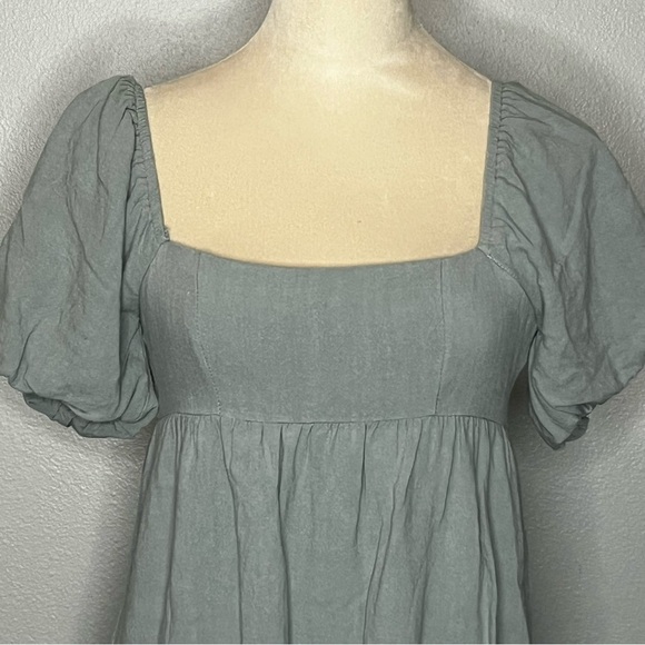 Altar’d State Linen Blend Dress Women XS Sage Green Mini Drop Puff Sleeve Lined - Picture 2 of 10
